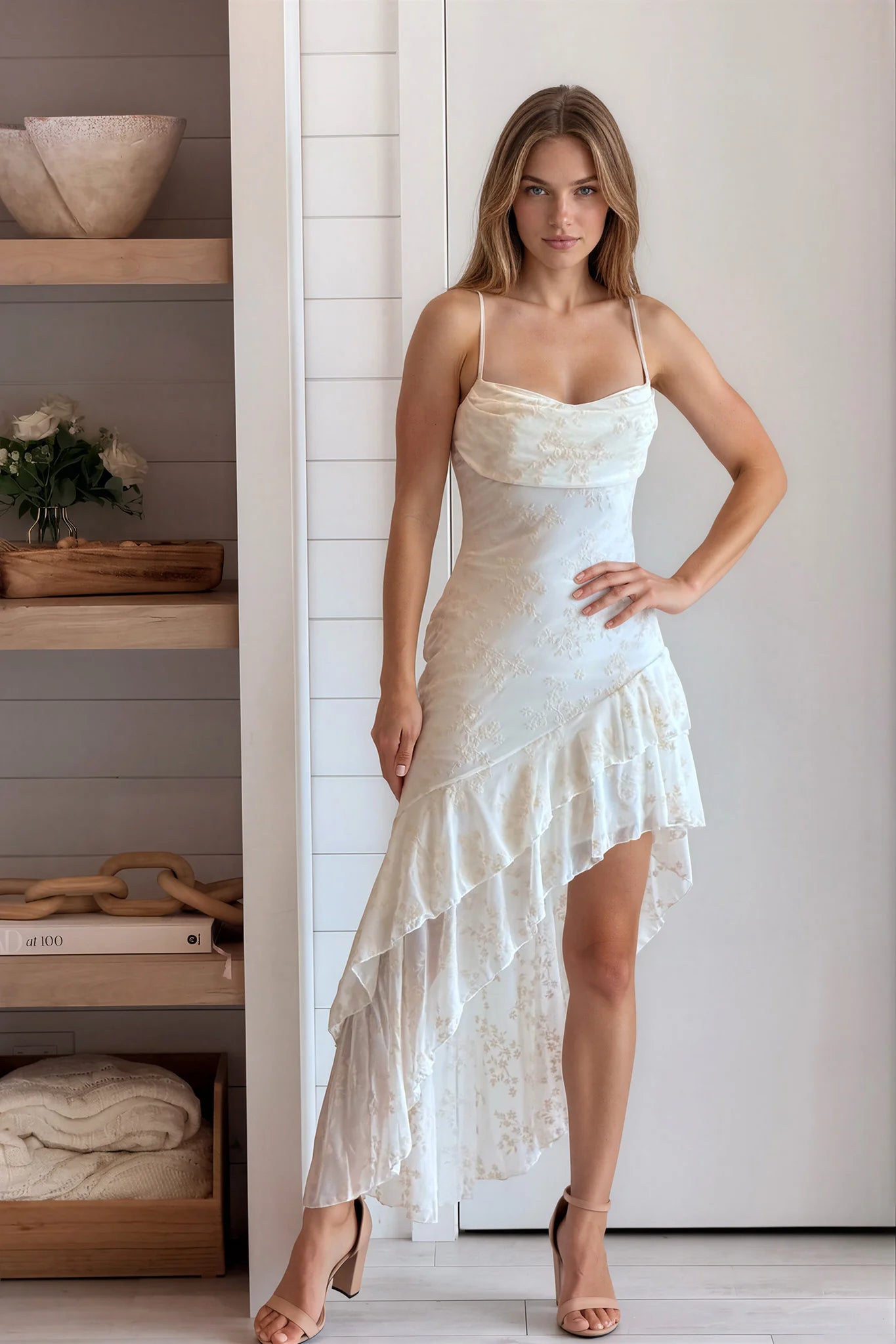 Ivory Floral Asymmetrical Ruffle Hem Dress