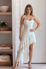Ivory Floral Asymmetrical Ruffle Hem Dress