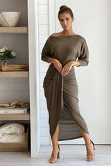 Olive Off Shoulder Ruched Bodycon Dress