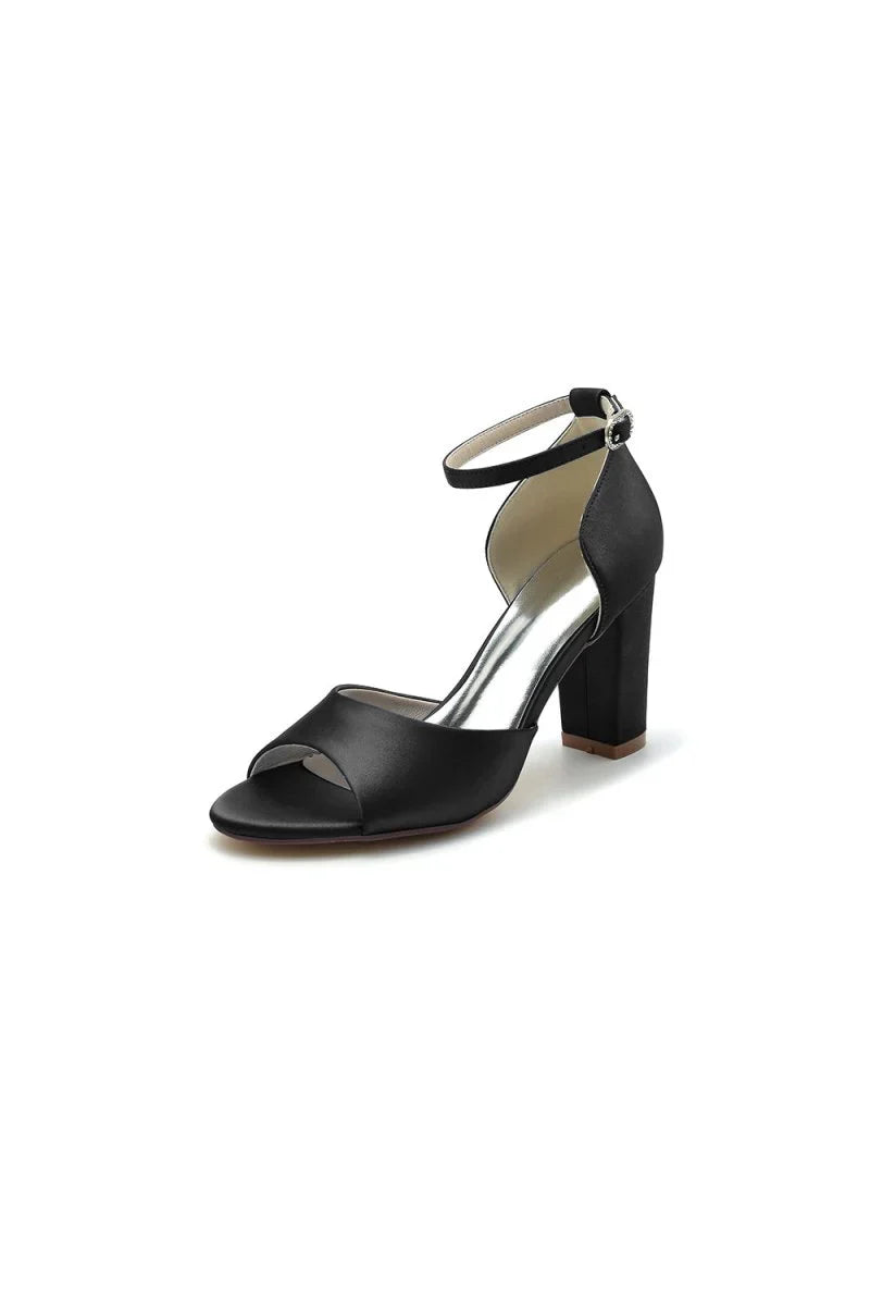 Simple Open Toe Ankle Strap Satin Chunky Heels