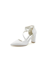 White Satin Pump with Pearl Embedded Chain Heel