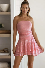 Coral Sequin Ruched Double Layer Skirt Dress