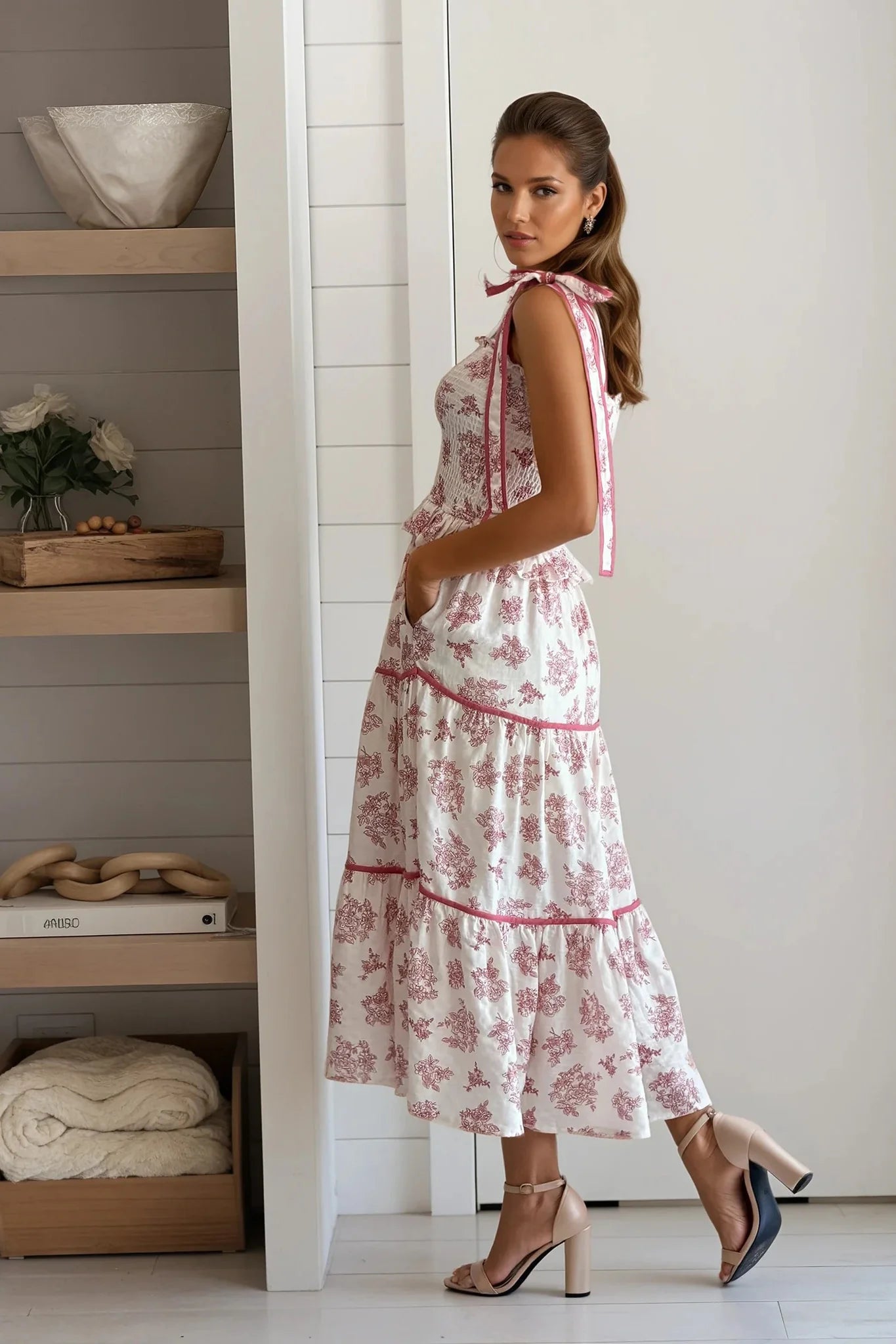 Burgundy Floral Tiered Midi Dress