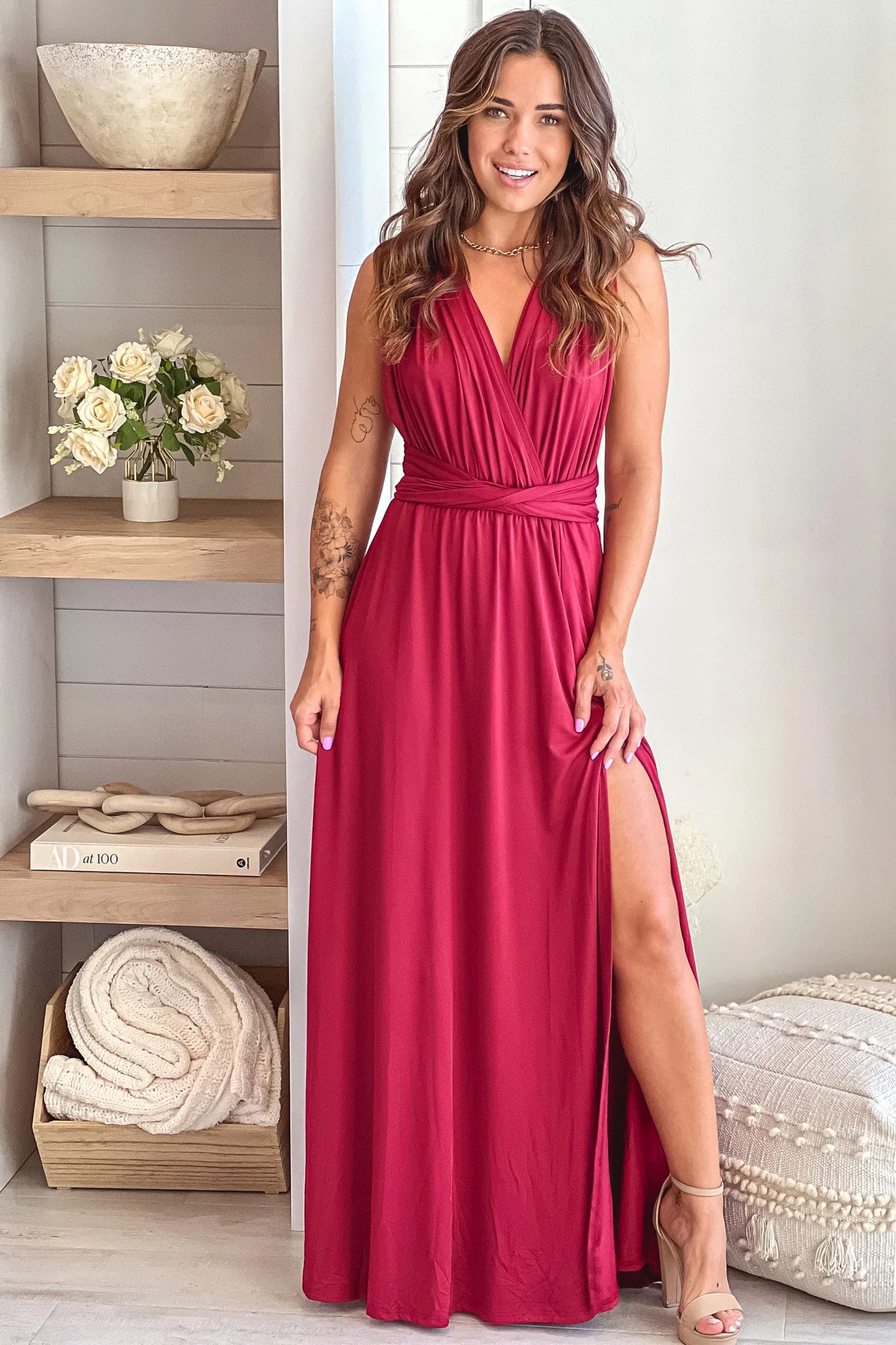 Burgundy Multi Tie Maxi Dress With Slit