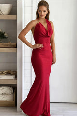 Red Glitter Cowl Neck Halter Maxi Dress