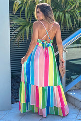 Blush Striped Multi Color Maxi Dress With Criss Cross Back