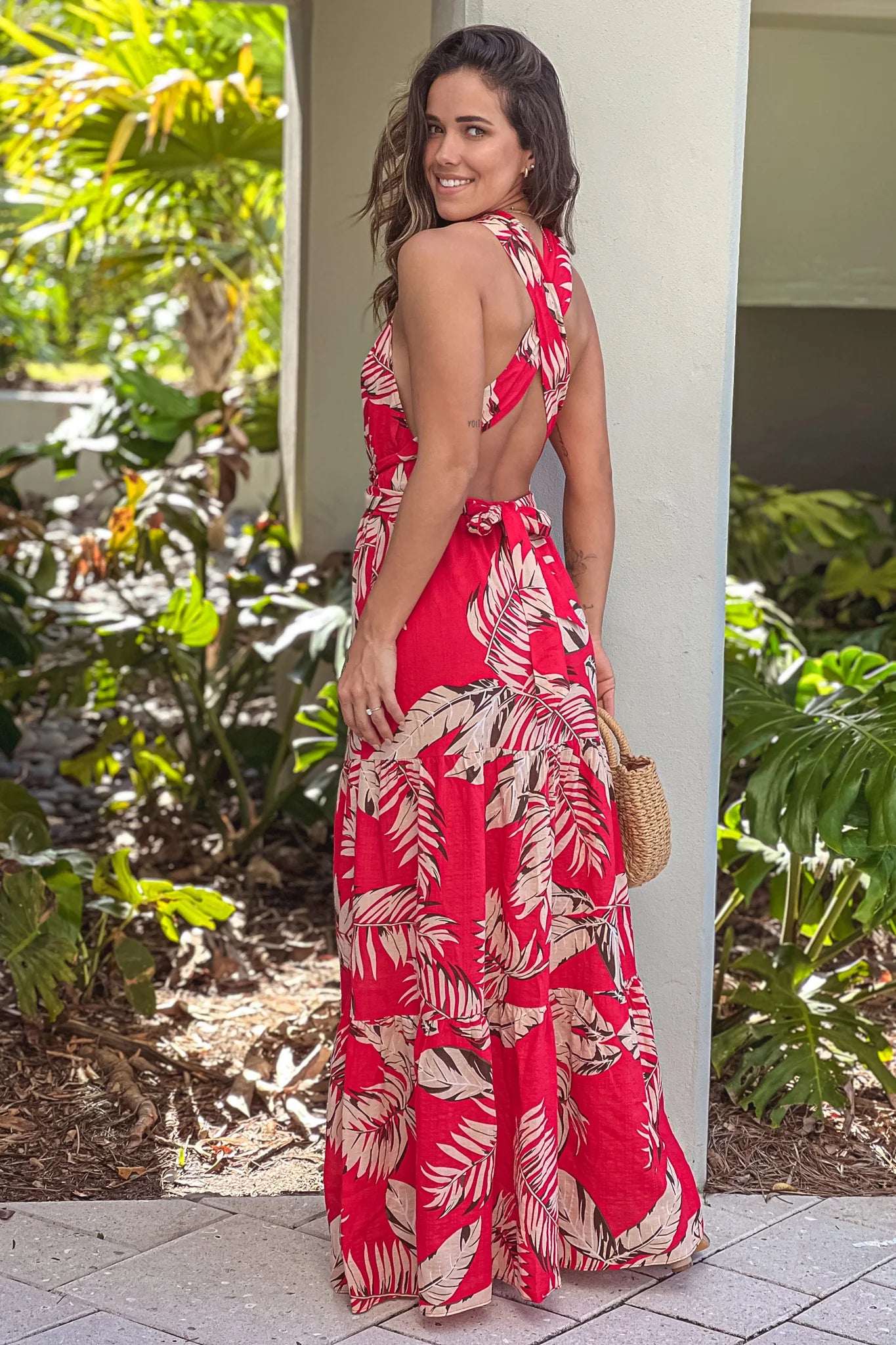 Red Printed Halter Neck Maxi Dress