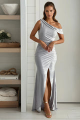 Silver One Shoulder Maxi Dress With Slit