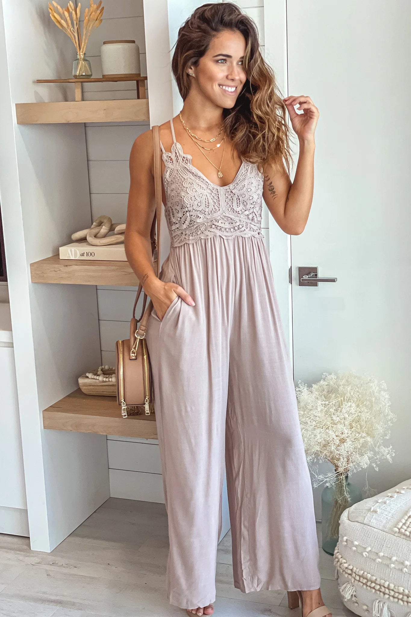 Light Taupe Crochet Top Jumpsuit With Pockets