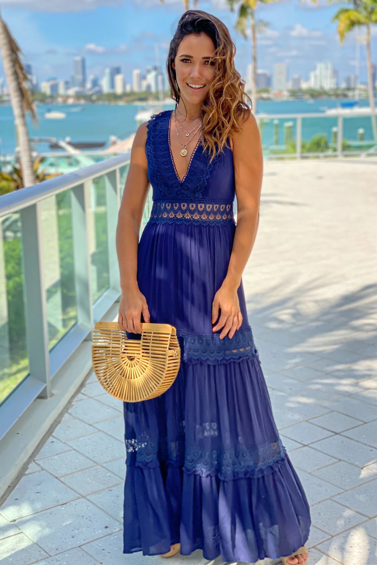 Navy V Neck Maxi Dress With Lace Trim