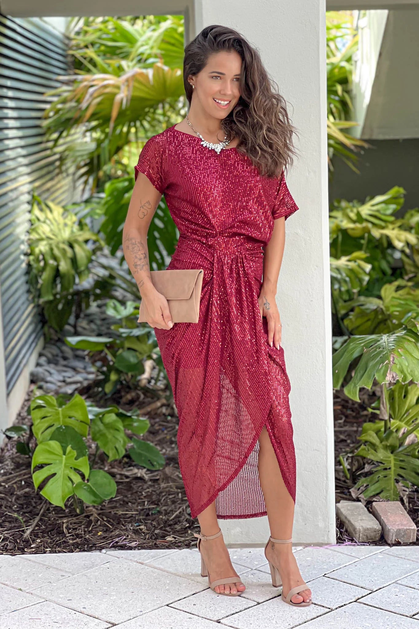 Burgundy One Shoulder Sequin Dress