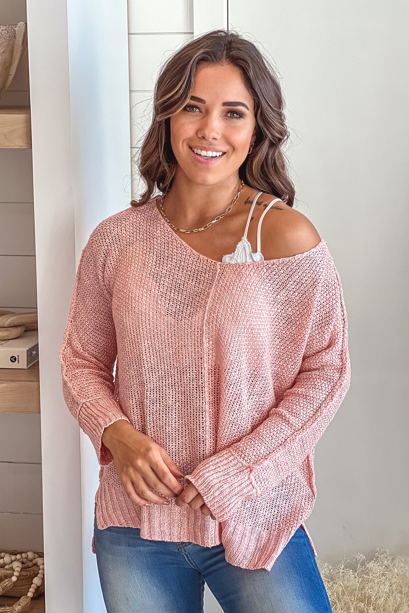 Light Pink V Neck Knit Top With Long Sleeves