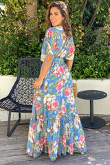 Blue Floral Dolman Sleeves Maxi Dress