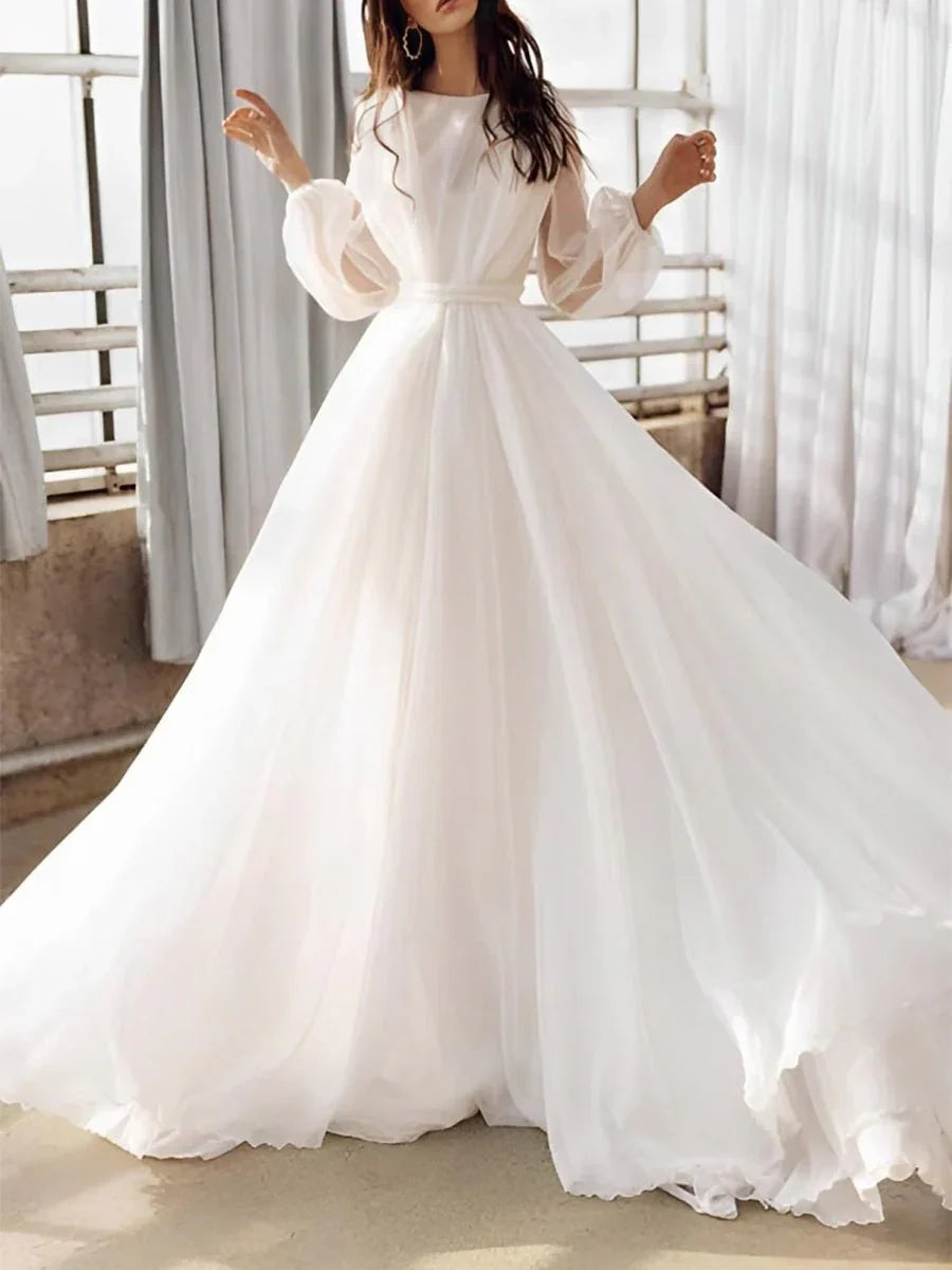 A Line Illusion Neck Long Sleeves Sweep Train Organza Wedding Dresses