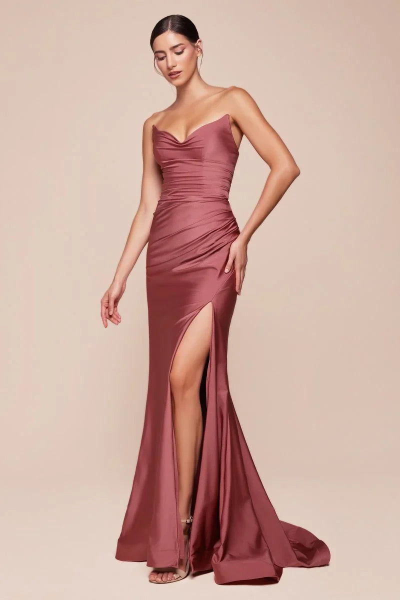 AVA POINTED V NECKLINE GOWN STRAPLESS STRETCH SPANDEX SATIN FITTED DRESS