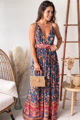 Navy Printed V Neck Maxi Dress