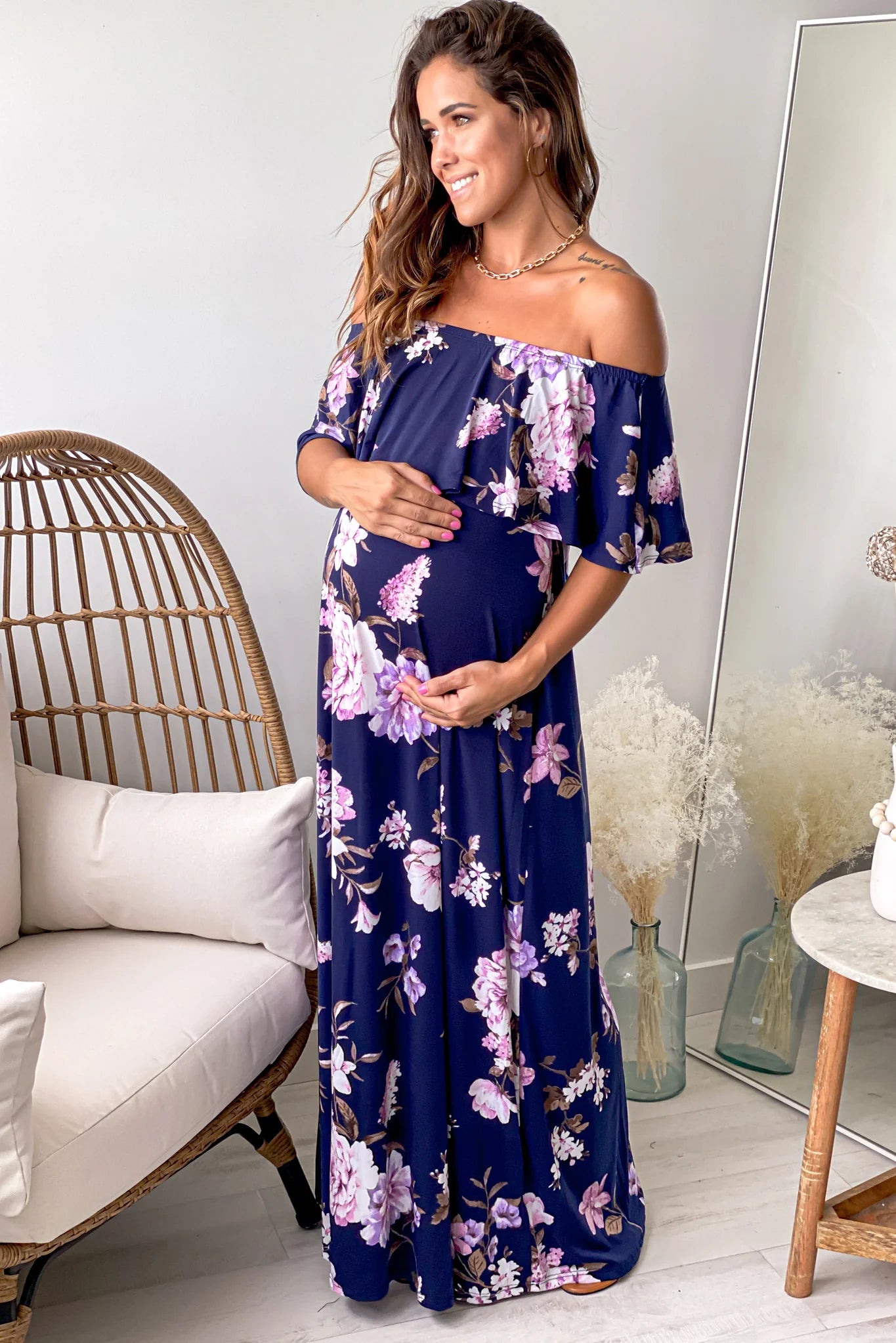 Navy Floral Print Off Shoulder Maternity Maxi Dress