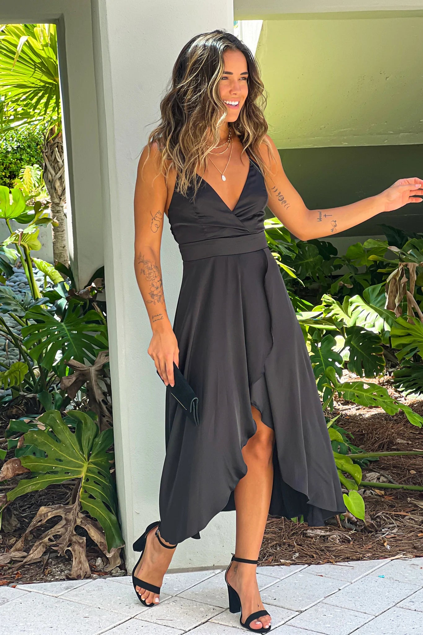 Black Satin High Low Dress With Criss Cross Back