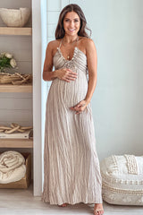 Taupe Printed Maternity Maxi Dress With Open Back