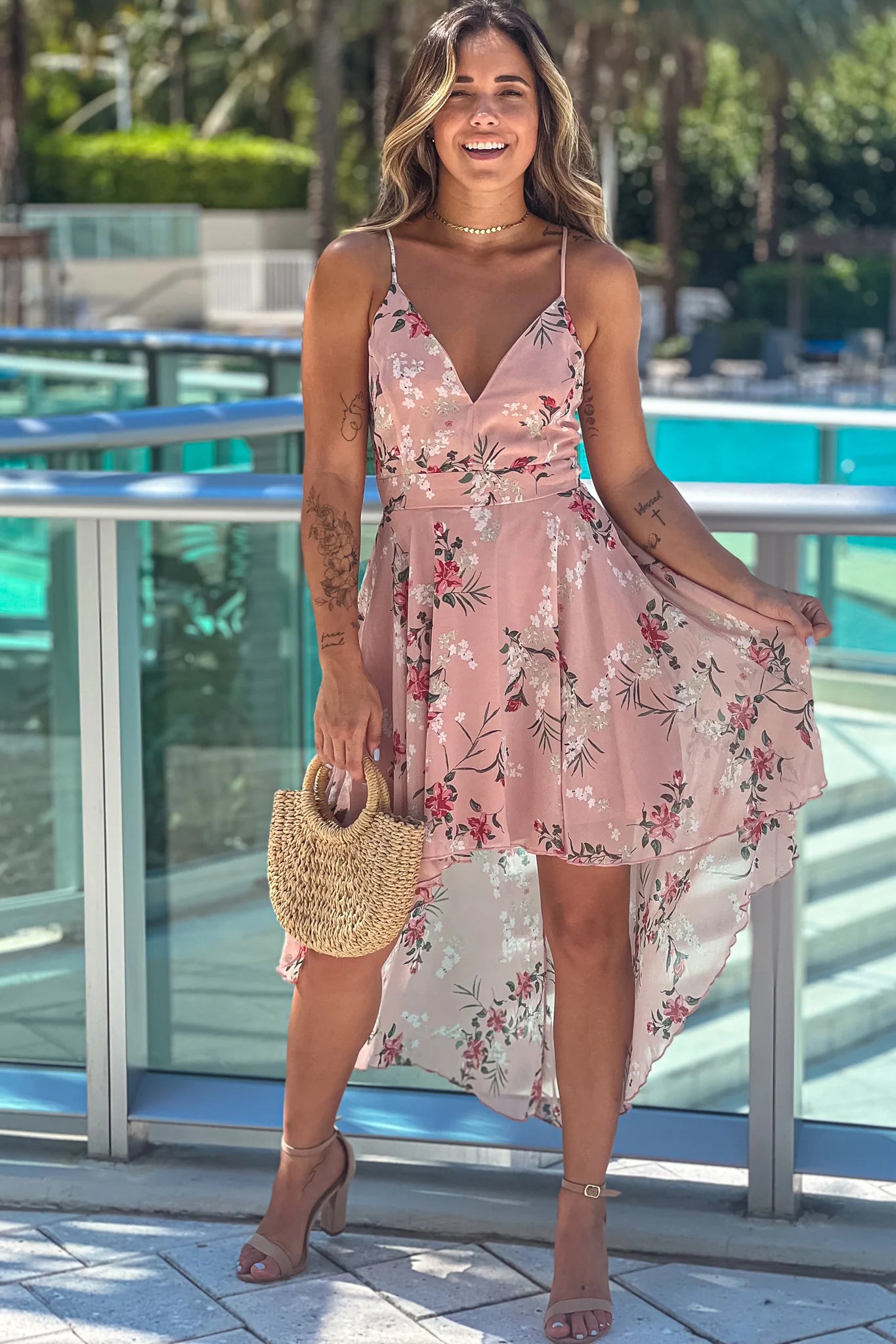 Pink Floral High Low Dress With Lace Back