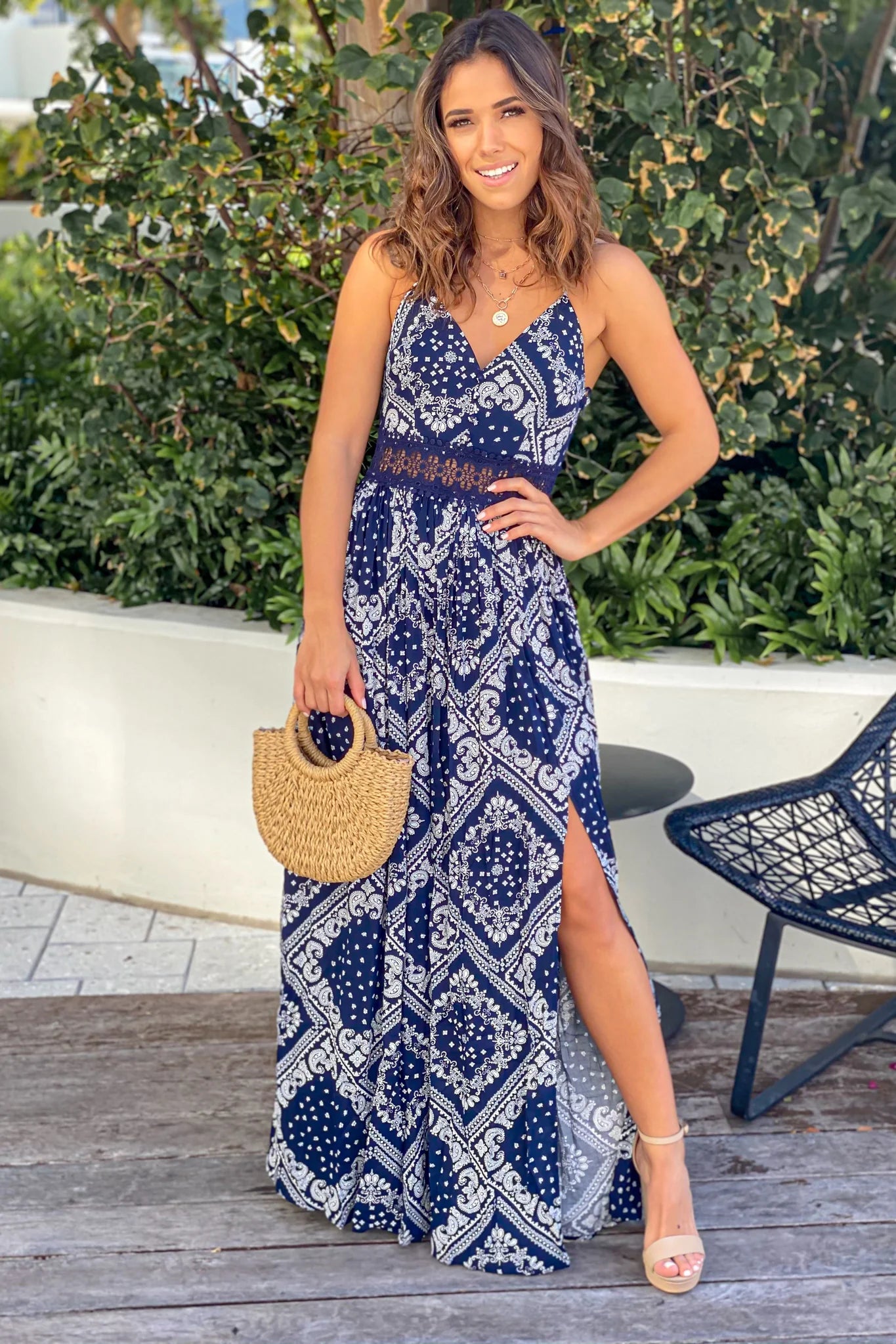 Navy Printed Maxi Dress With Crochet Waist