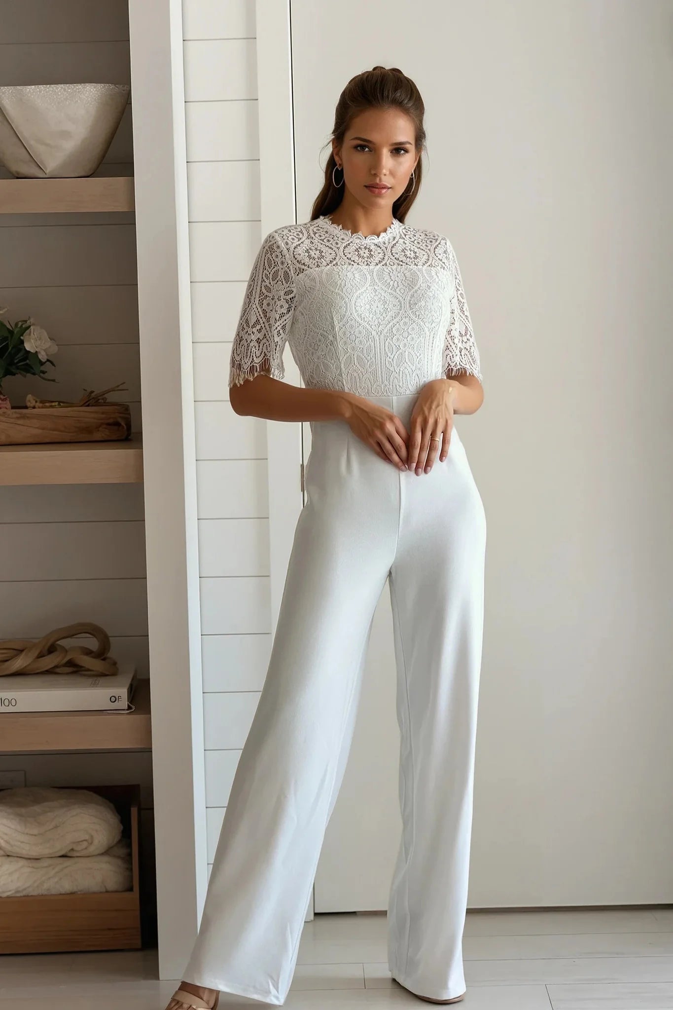 Off White Lace Top Short Sleeve Jumpsuit