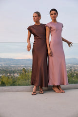 Hannah Satin Maxi Dress in Brown