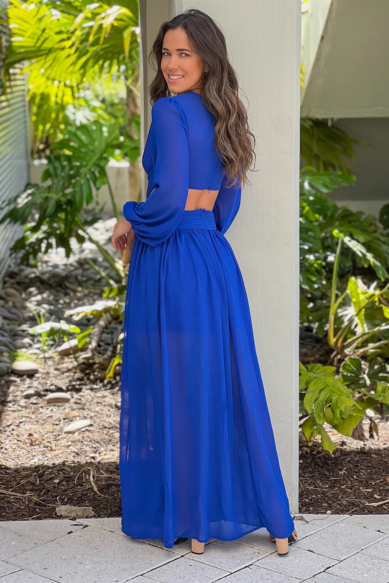 Royal Blue Pleated V Neck Maxi Dress