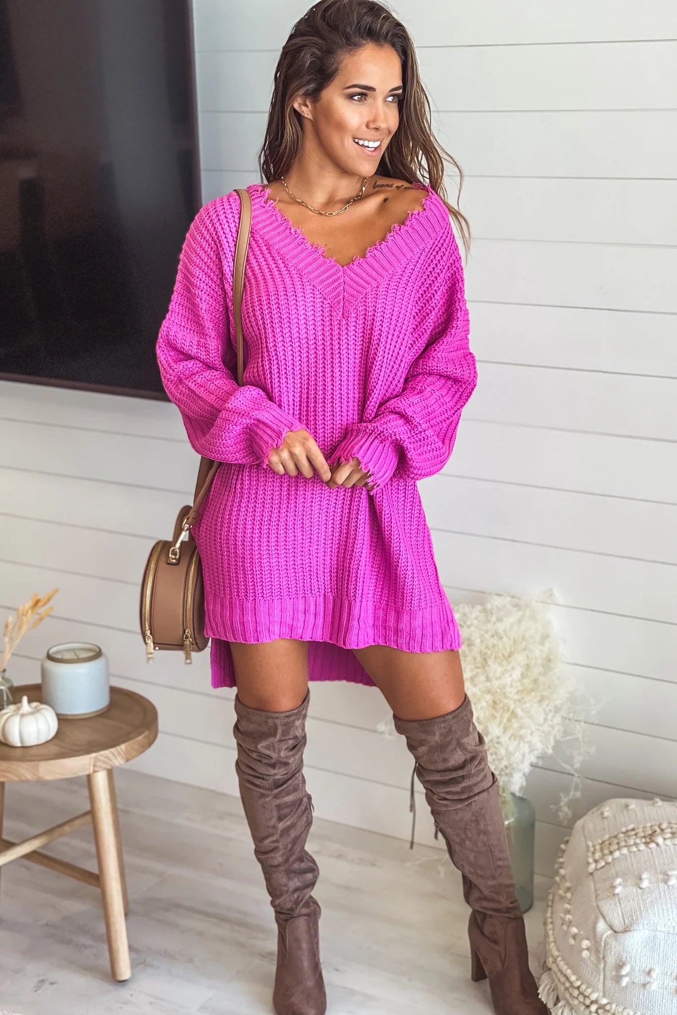 Raspberry Rose Frayed V Neck Sweater Dress