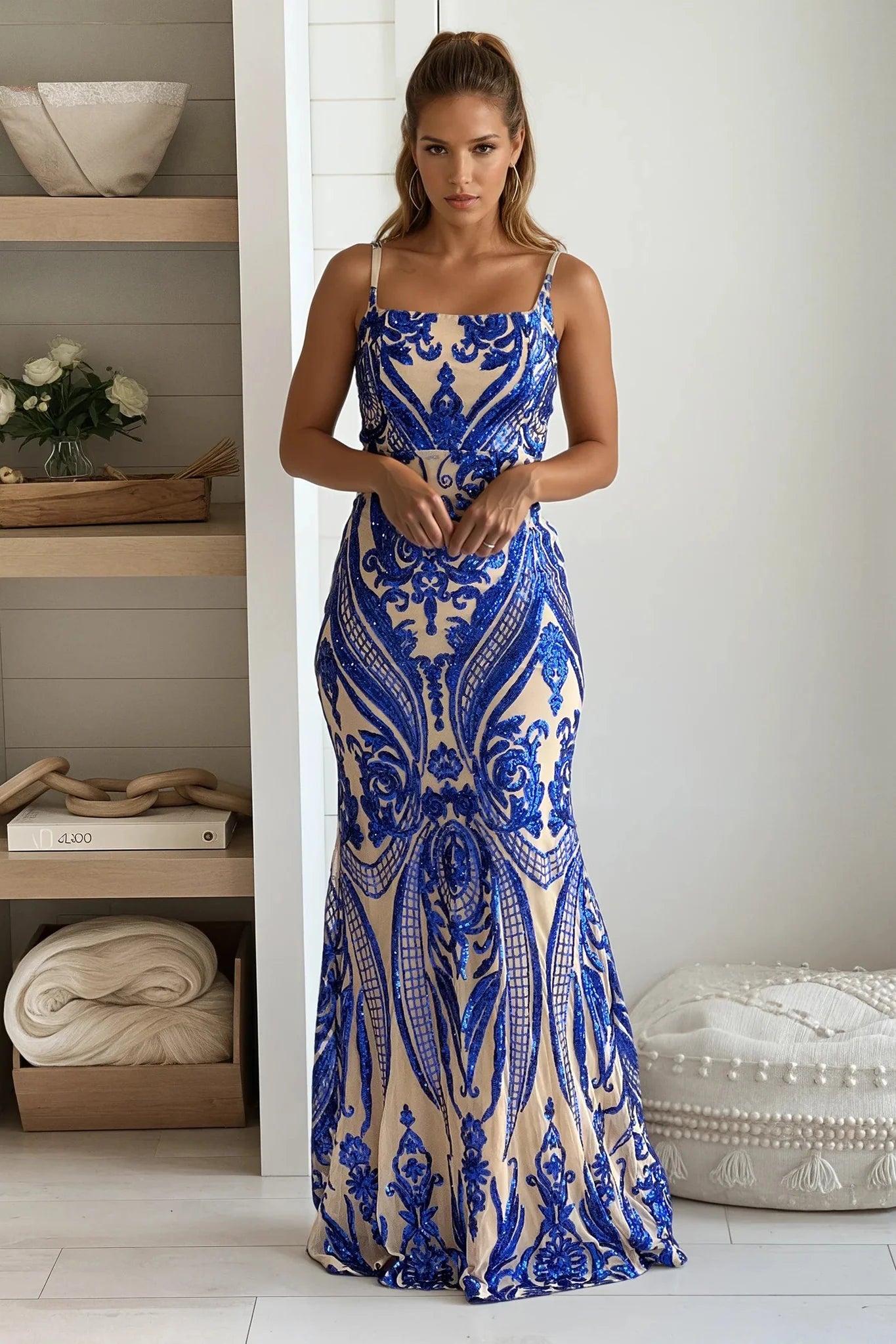 Royal And Nude Square Neck Sequined Maxi Dress