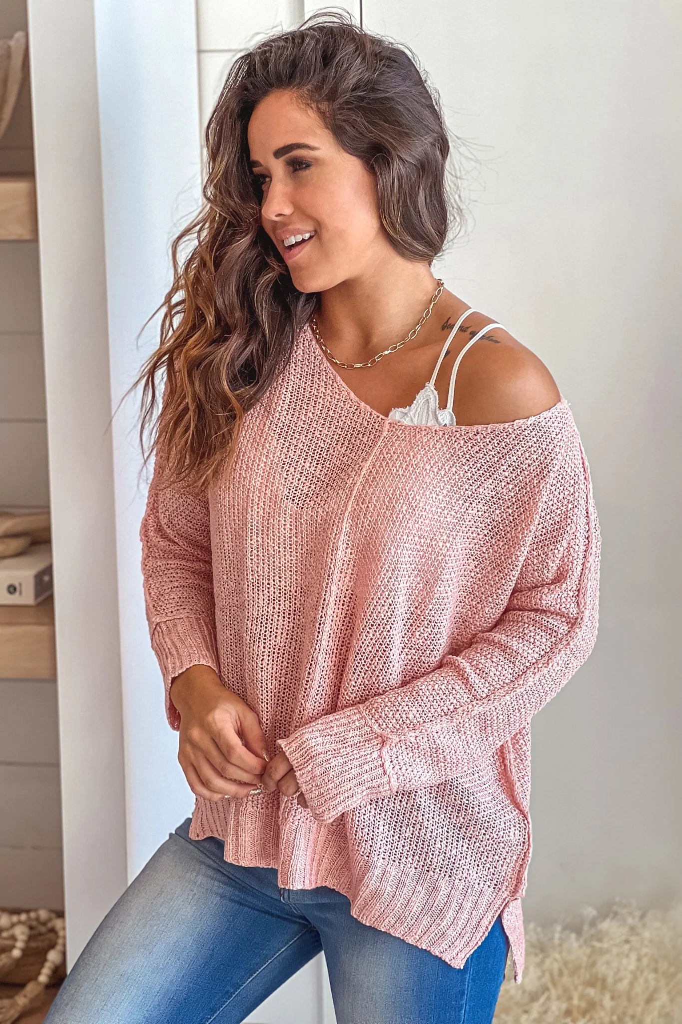 Light Pink V Neck Knit Top With Long Sleeves