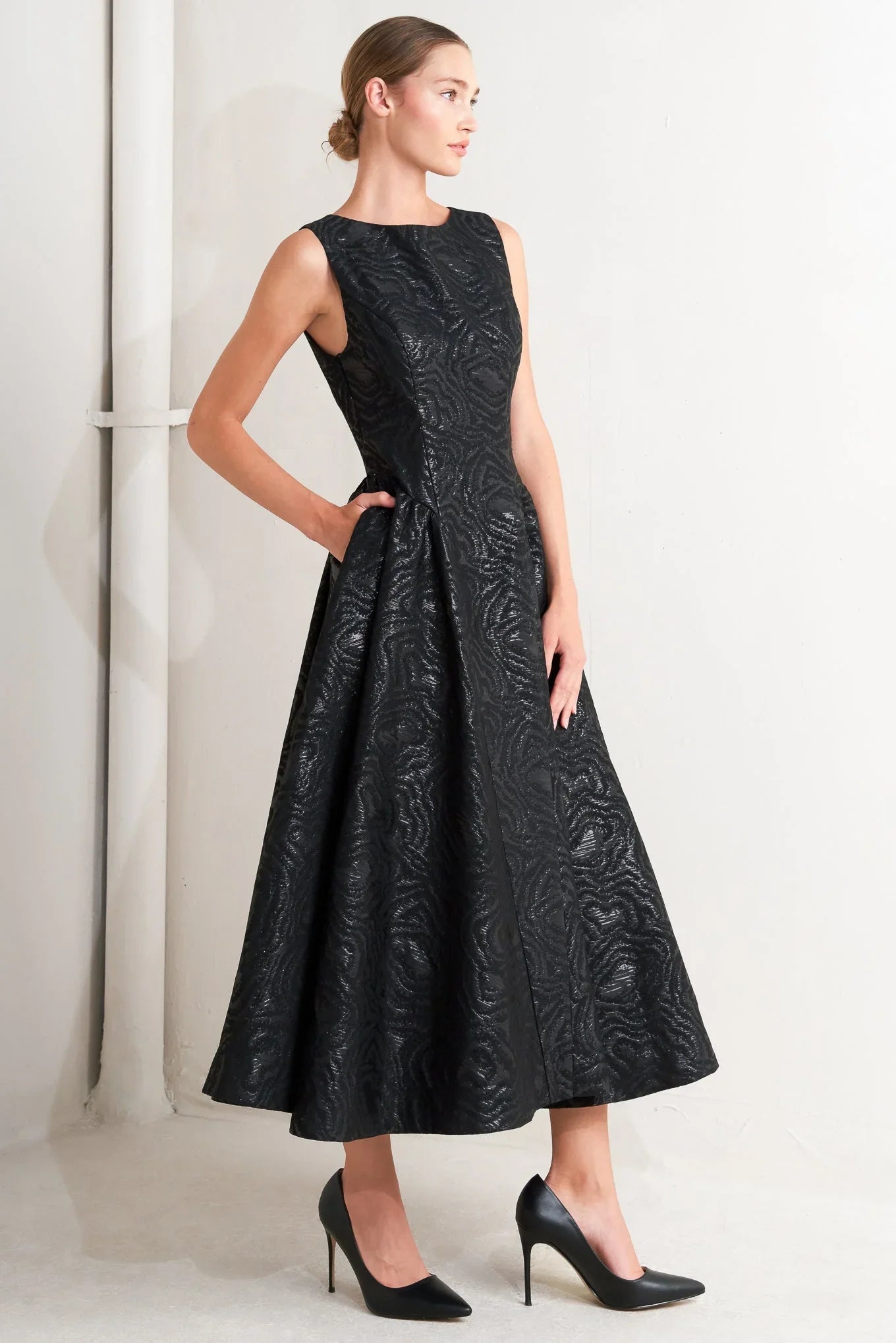 TEXTURED BLACK MIDI DRESS WITH OPEN BACK FINAL SALE