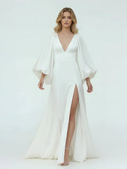 White Satin Simple A Line Long Wedding Dress with Slit