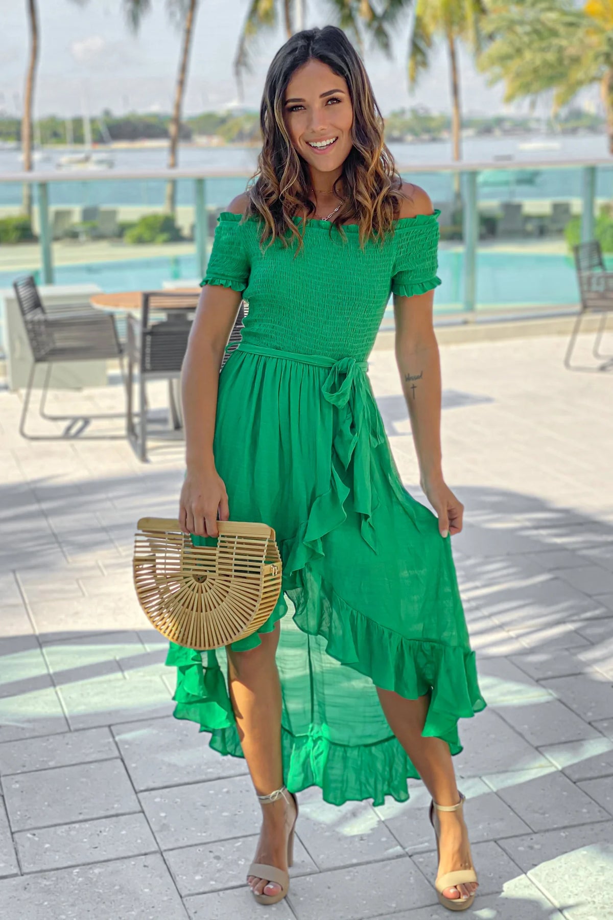 Green Off Shoulder High Low Dress