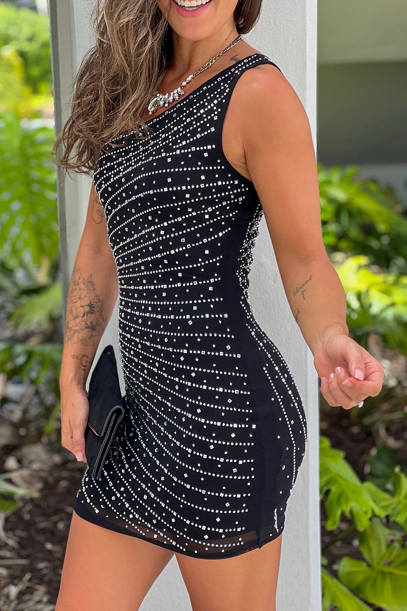 Black Rhinestone One Shoulder Short Dress