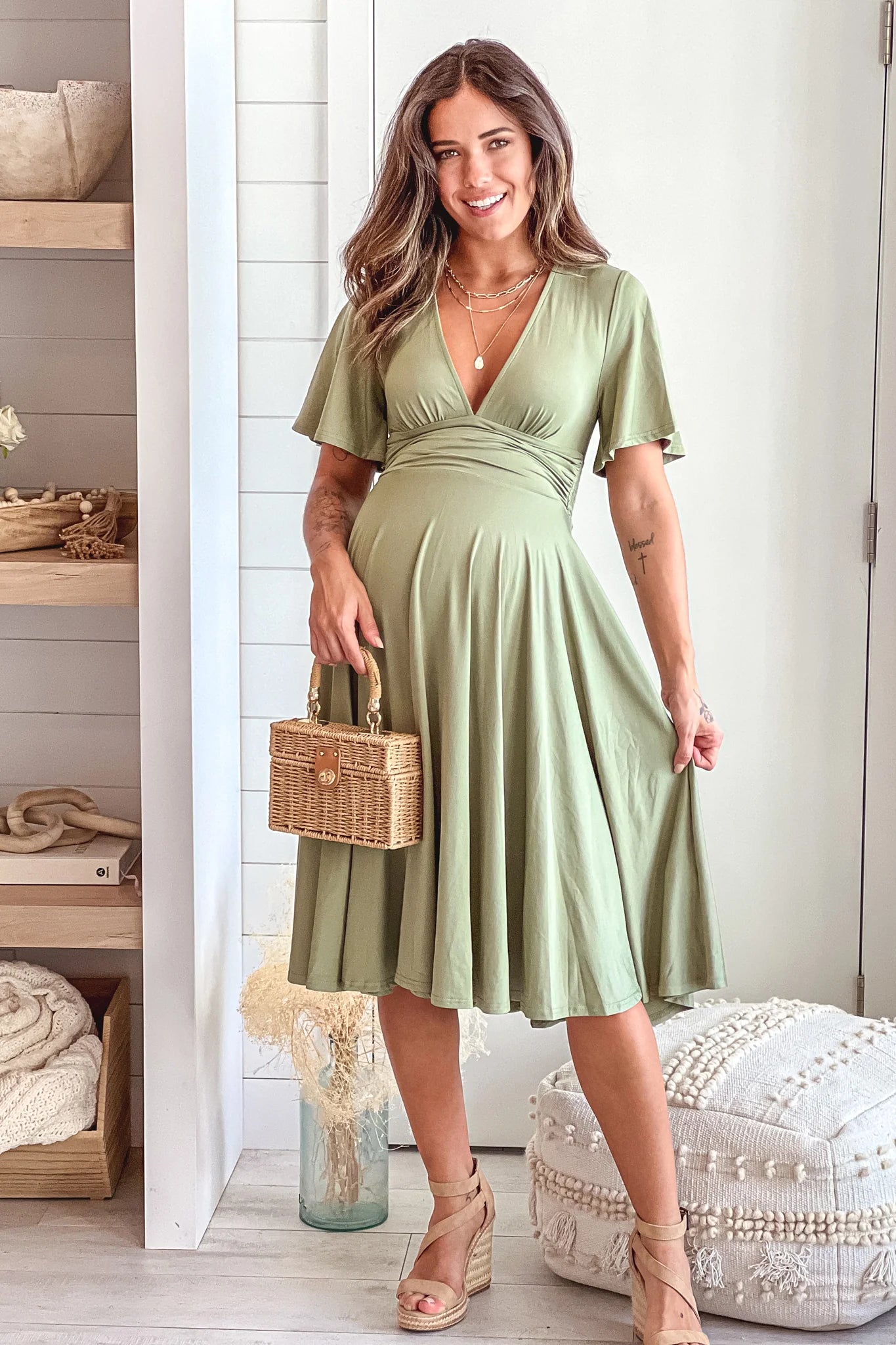Olive Maternity Midi Dress With Short Sleeves