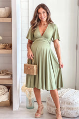 Olive Maternity Midi Dress With Short Sleeves