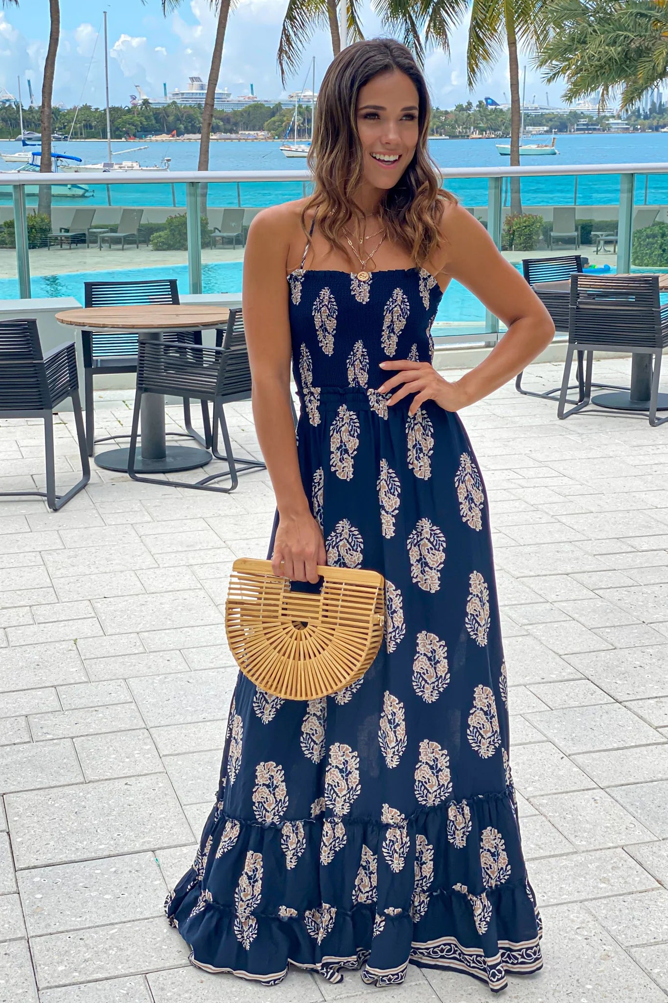 Navy Printed Maxi Dress With Strappy Back