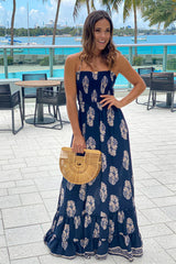 Navy Printed Maxi Dress With Strappy Back