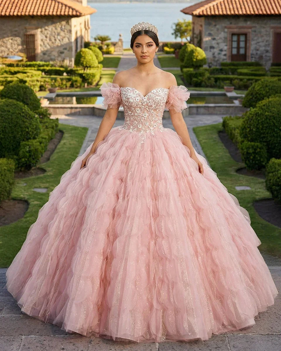 Tulle Tufted Pink Floral Quinceañera Ball Gown Dress