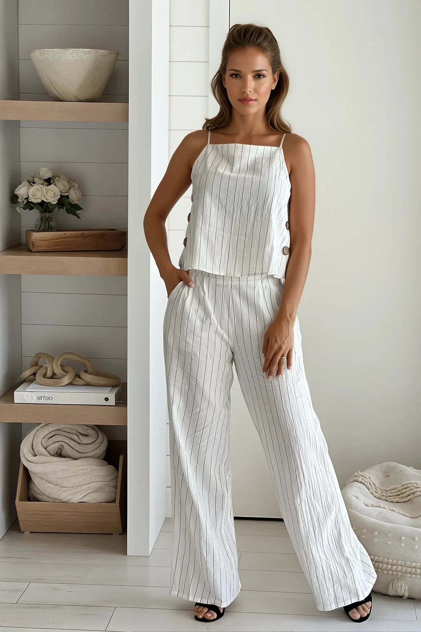 Ivory Striped Top And Pants Set