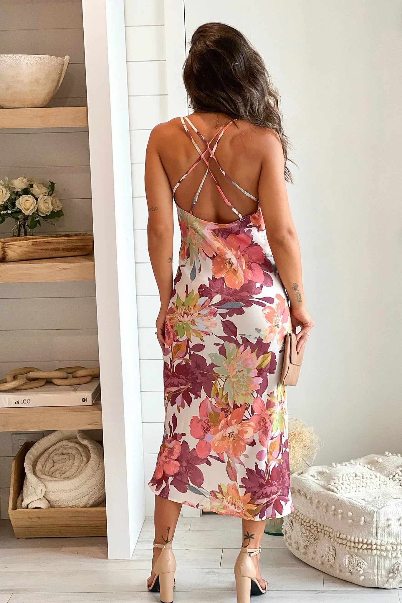 Red And Brown Floral Cowl Neck Midi Dress