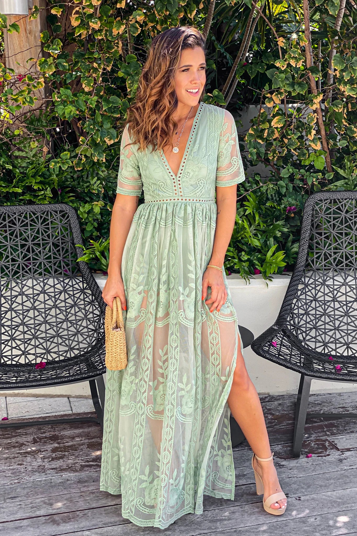 Sage Lace Maxi Romper with Sleeves and Slits