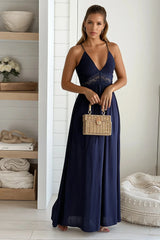 Navy Smocked Top Maxi Dress With Crochet Back