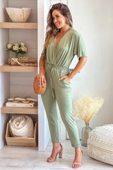 Olive V Neck Jumpsuit With Pockets