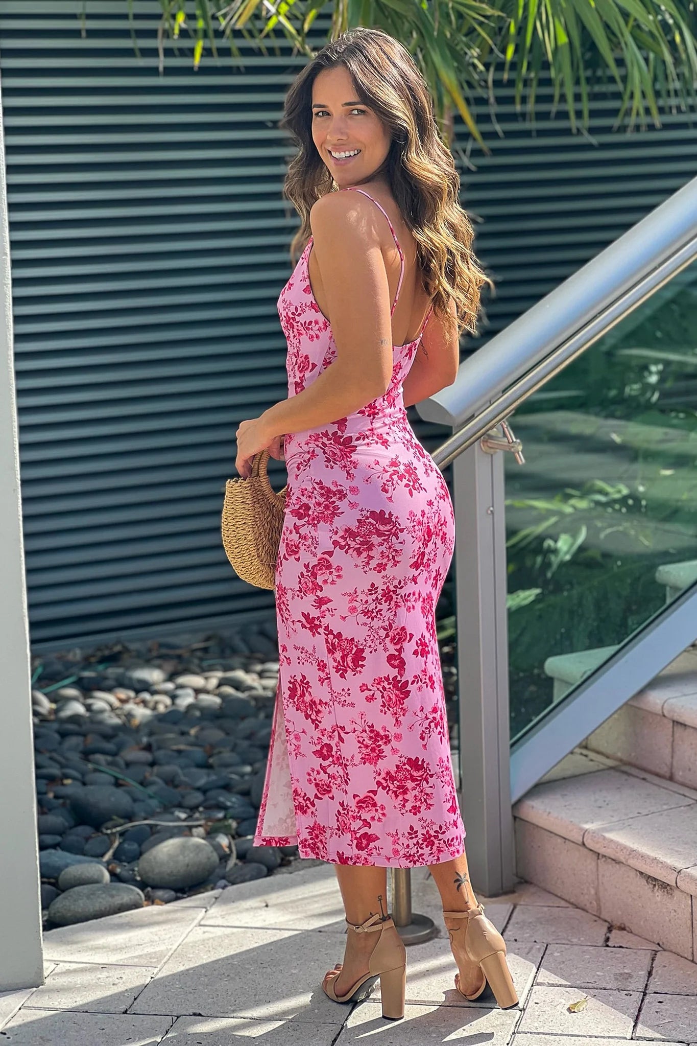 Pink Floral Dress With Slit