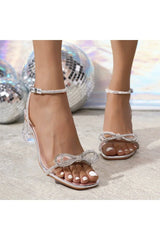 Bow Detail Crystal Embellished Transparent Strappy Block Heels