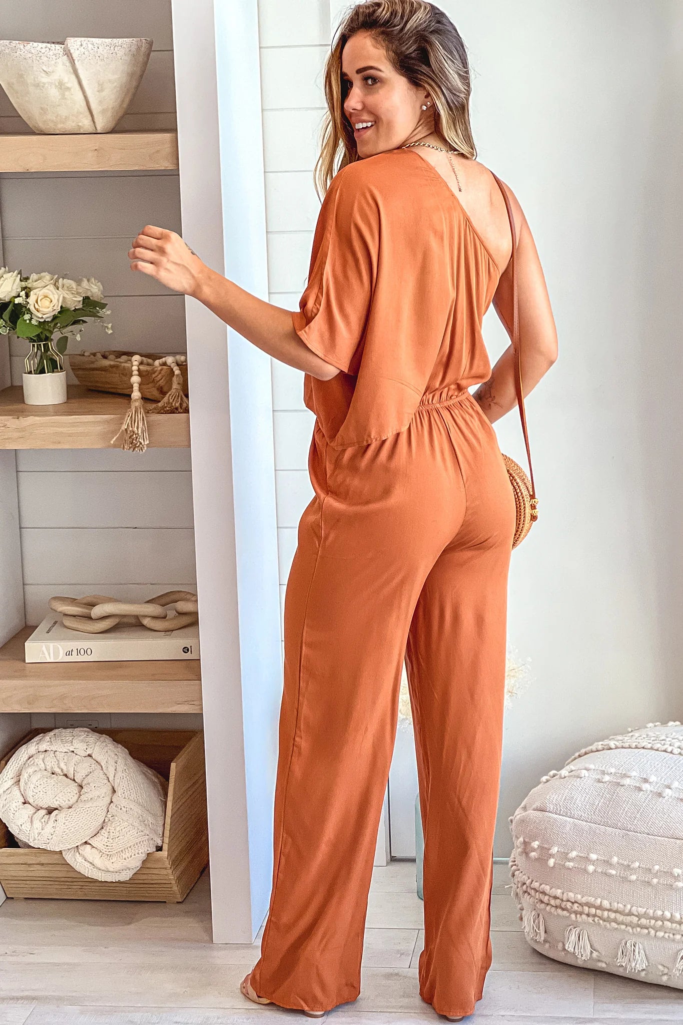 Camel One Shoulder Jumpsuit With Cut Out
