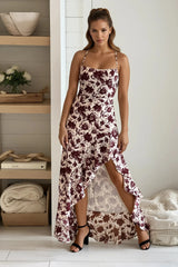 Cream And Burgundy Asymmetrical Floral Maxi Dress