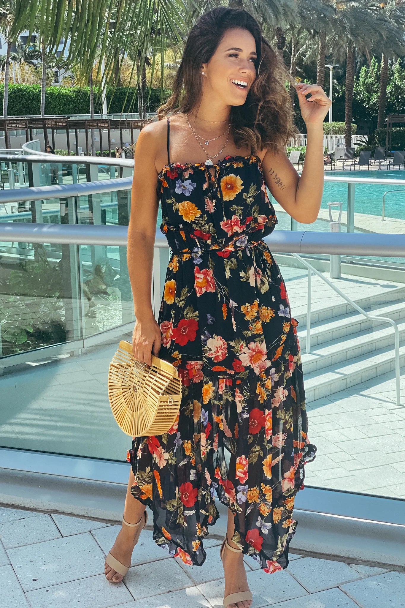 Navy Floral Asymmetrical Dress